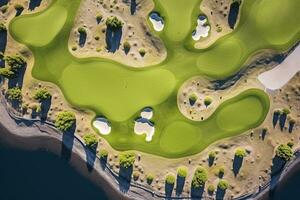 Beautiful golf course with sand bunkers with blue sky. Created with Generative AI technology. photo