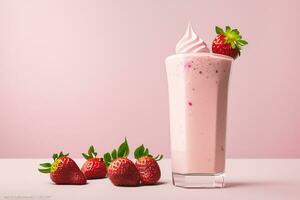 Strawberry milkshake in a glass on a pink background. The concept of summer soft drinks. Generative AI. photo