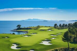 Beautiful golf course with sand bunkers with blue sky. Created with Generative AI technology. photo