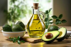 Avocado oil in a bottle with olive.Health food, diet concept.Created with Generative AI technology. photo