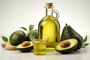 Avocado oil in a bottle with olive.Health food, diet concept.Created with Generative AI technology. photo