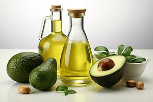 Avocado oil in a bottle with olive.Health food, diet concept.Created with Generative AI technology. photo