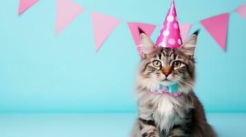 Cute Cat  with cone hat and necklace bowtie on isolated background.Happy birthday concept.created with Generative AI technology photo