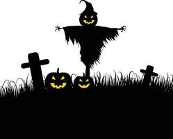 Halloween cemetery silhouette with pumpkins and scarecrow vector