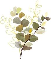 Wedding bouquet of green and gold tropical leaves isolated on white background. Botanical art design vector