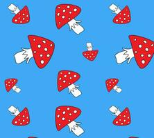 Cute childish cartoon background red in white peas fly agaric mushrooms on a blue background. Seamless pattern. EPS10 vector