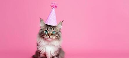 Cute Cat  with cone hat and necklace bowtie on isolated background.Happy birthday concept.created with Generative AI technology photo