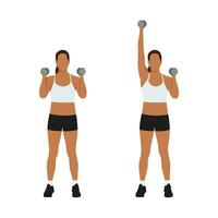 Woman doing Single arm dumbbell overhead shoulder press exercise. Flat vector illustration isolated on white background. workout character set