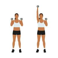 Woman doing Single arm dumbbell overhead shoulder press exercise. Flat vector illustration isolated on white background. workout character set