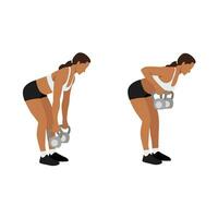 Woman doing Two arm kettlebell row exercise. Flat vector illustration isolated on white background. workout character set