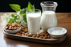 Almond milk in glass with almonds.Health food concept.Created with Generative AI technology. photo