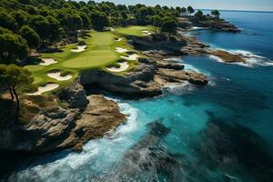 Beautiful golf course with sand bunkers with blue sky. Created with Generative AI technology. photo