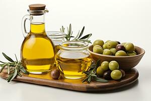 Organic olive oil in a bottle with olive.Health food, diet concept.Created with Generative AI technology. photo