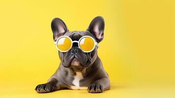 Cute and funny French Bulldog in trendy sunglass on isolated background.animal summer holiday concept.Created with Generative AI technology photo