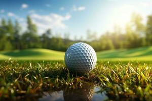 Golf ball with sport background design for banner with copy space.Created with Generative AI technology. photo