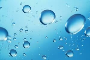 cerca arriba de agua con burbujas en un azul antecedentes para cosmético fondo.creado con generativo ai tecnología. foto