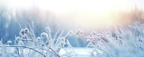 Frozen snowy grass, winter natural abstract background. beautiful winter landscape. AI Generated photo