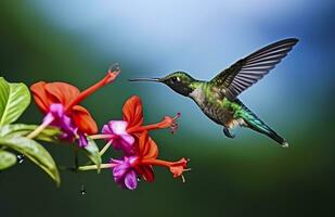 Hummingbird bird flying next to a beautiful red flower with rain. AI Generated photo