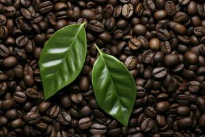 Green leaves with coffee beans as background. AI Generated photo