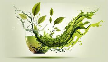 Green herbal tea wave splash with leaves flow. AI Generated photo