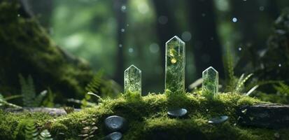 Crystals with moon phases image of moss in a mysterious forest, natural background. Generative AI photo