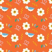 Bird and flower doodle cartoon seamless pattern background for wrapping, wallpaper vector