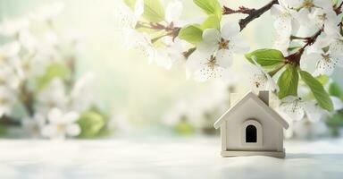 Toy house and cherry flowers, spring abstract natural background. Generative AI photo