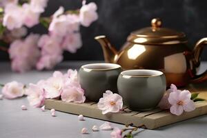 Traditional ceremony. Cups of brewed tea, teapot and sakura flowers on grey table. Generative AI photo