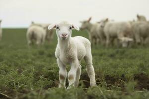 White lamb in a field in front of other animals. Generative AI photo