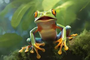 Tree Frog sitting on plant.Generative AI. photo