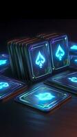 Some playing cards with glowing neon designs on a tablet. Generative AI photo