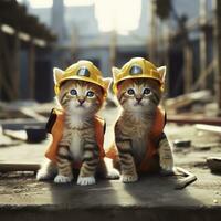 Two kittens wearing hard hats on a construction site. Generative AI photo