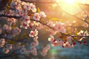 Spring blossom background. Nature scene with blooming tree and sun flare. Generative AI photo