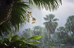 Rain in the tropics during the low season or monsoon season. Raindrops in a garden. Generative AI photo