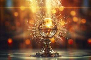 The golden monstrance with a little transparent crystal center, consecrated host. church defocused background. AI Generative photo