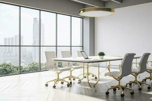 perspectiva ver en elegante blanco reunión mesa con dorado piernas y sillas de ruedas alrededor en el de madera piso y blanco pared antecedentes. generativo ai foto