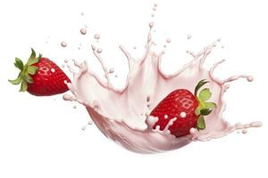 milk or yogurt splash with strawberries isolated on white background, 3d rendering. AI Generated photo