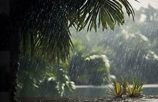 lluvia en el zona tropical durante el bajo temporada o monzón estación. gotas de lluvia en un jardín. generativo ai foto