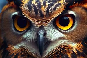 Owl headshot with closeup of face. Generative AI photo