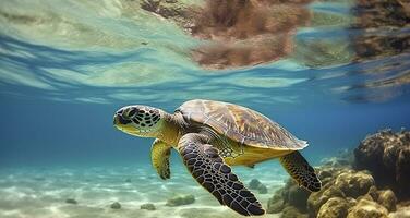 Photo of Sea turtle in the Galapagos island. Generative AI