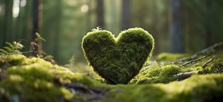 Closeup of wooden heart on moss. Natural burial grave in the woods. Generative AI photo