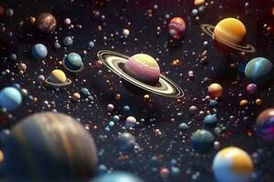 el holográfico solar sistema de planetas nadando mediante nebuloso espacio hora realista cerca arriba foto. ai generativo foto