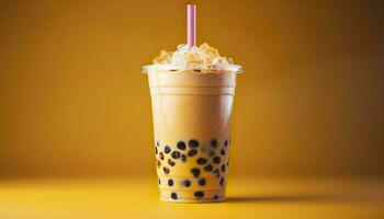 A bubble tea in a plastic cup. Generative AI photo