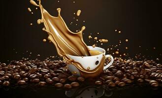 hot liquid coffee splash with Coffee Bean falling, 3d illustration. AI Generated photo