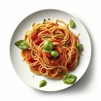 Delicious Plate of Spaghetti with Tomato Sauce on a White Background Generative AI photo