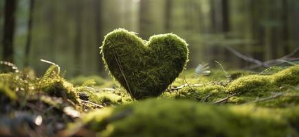 Closeup of wooden heart on moss. Natural burial grave in the woods. Generative AI photo