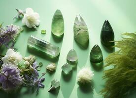 cristal torres minerales conjunto y blanco flores en verde resumen antecedentes. generativo ai foto