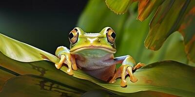 Dumpy Frog On Leaves, Frog, Amphibian, Reptile. Generative AI photo