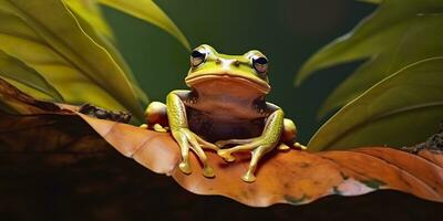 Dumpy Frog On Leaves, Frog, Amphibian, Reptile. Generative AI photo