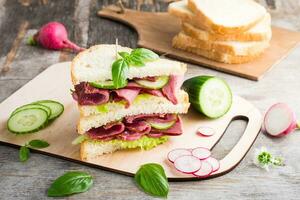 Double sandwich with pastrami and fresh vegetables and herbs on a cutting board. American snack. Rustic style photo